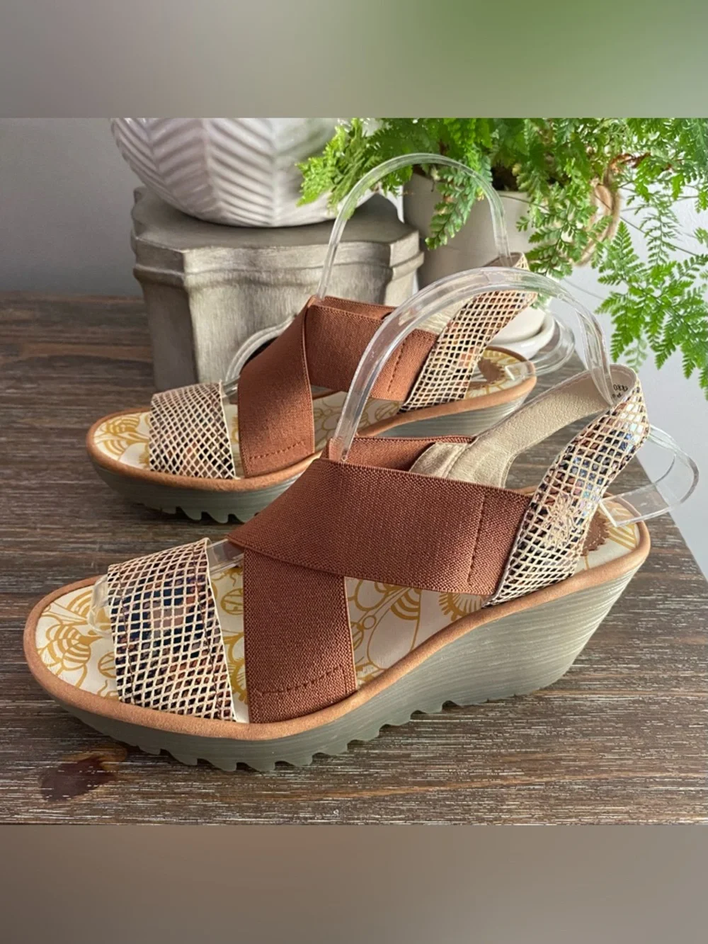Fly London Yaji Leather‎ Wedge Heeled Platform Sandals Womens 38 7.5-8 Tan Snake
